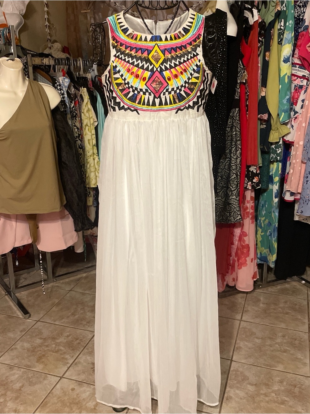 White Maxi Dress with Multicolor Embroidered Bodice